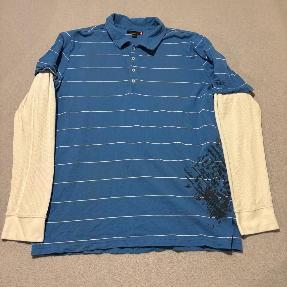 Quiksilver Mens XXL Blue Striped Layered Long Sleeve Polo Shirt Graphic Slim Fit
